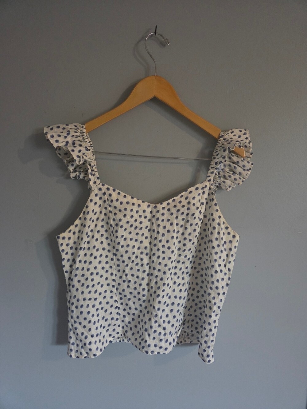 H&M White Camisole with Blue Polka Dots and Ruffle Straps